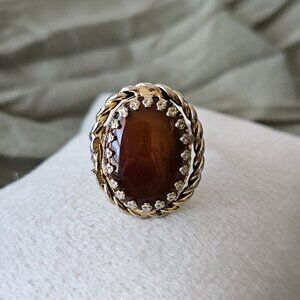 Vintage Amber Brown Statement Ring – Bold Cocktail Ring with Rope Bezel